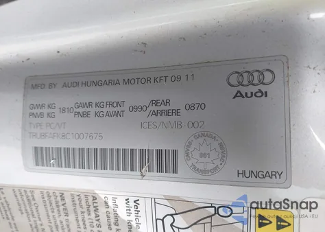 2012 Audi Tt 2.0T Premium Plus z USA, uszkodzony, nr VIN TRUBFAFK8C1007675